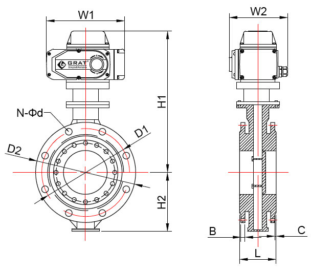 硬密封三偏心电动蝶阀 6 硬密封电动蝶阀安装尺寸图表