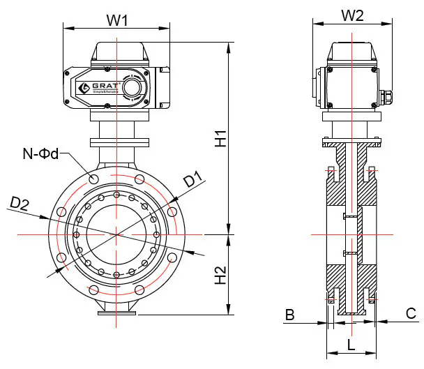 硬密封三偏心电动蝶阀 6 硬密封电动蝶阀安装尺寸图表