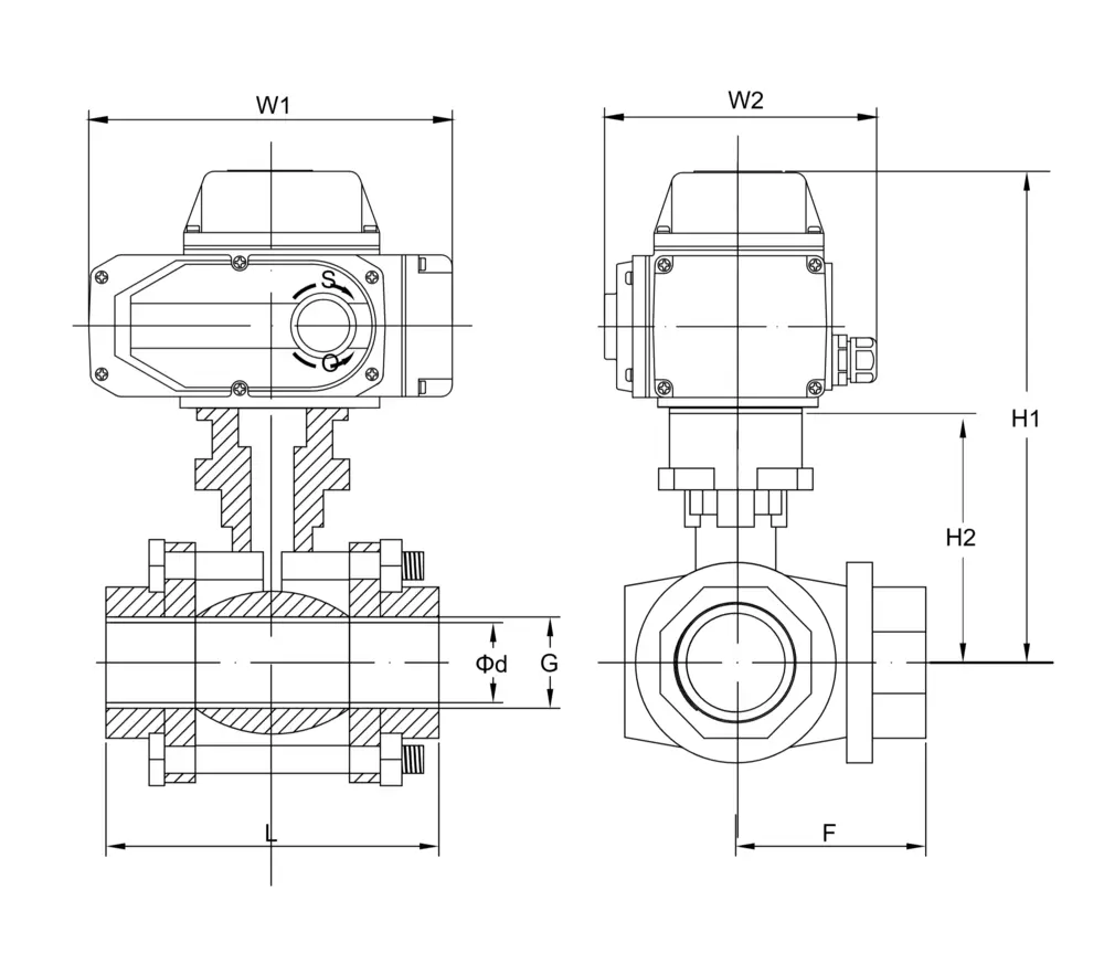 电动三通球阀 12 电动内螺纹三通球阀尺寸图