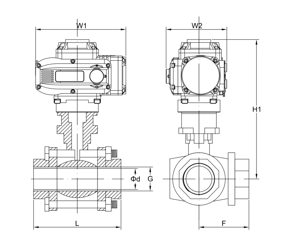 防爆电动三通球阀 12 防爆电动内螺纹三通球阀尺寸图